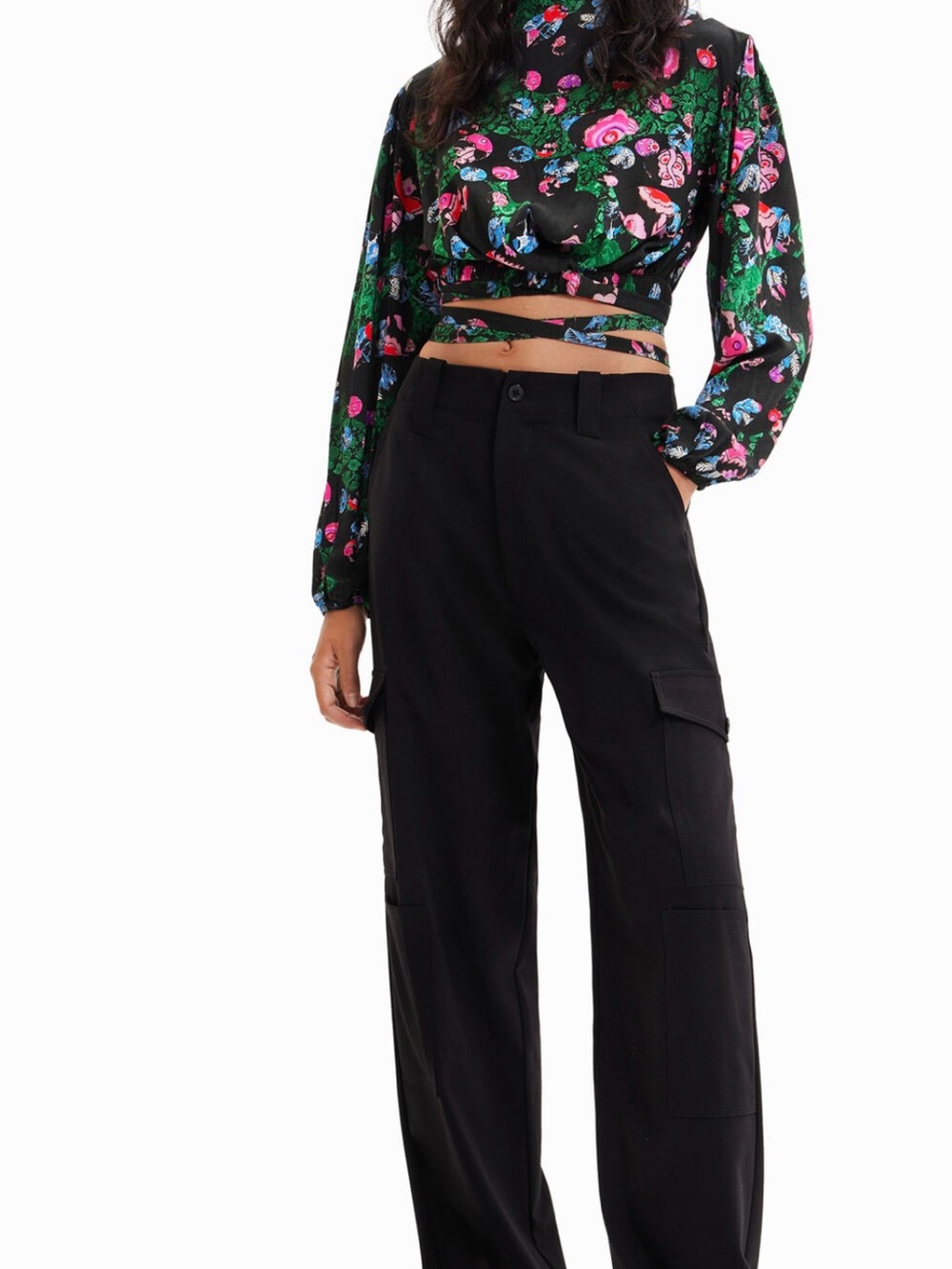 Desigual Christian Lacroix Cropped Black Blouse with Pink & Blue Floral Print